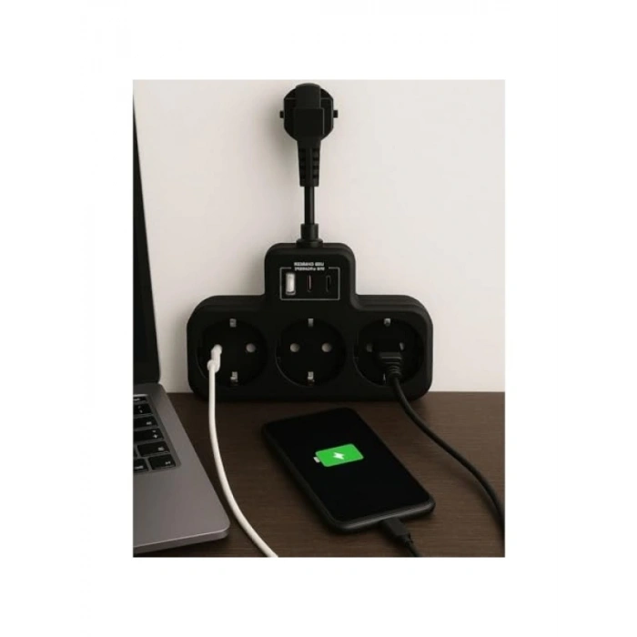 3 Soketli Yüksek Voltaj Korumalı Priz, 2 Type-C ve 1 USB Girişi