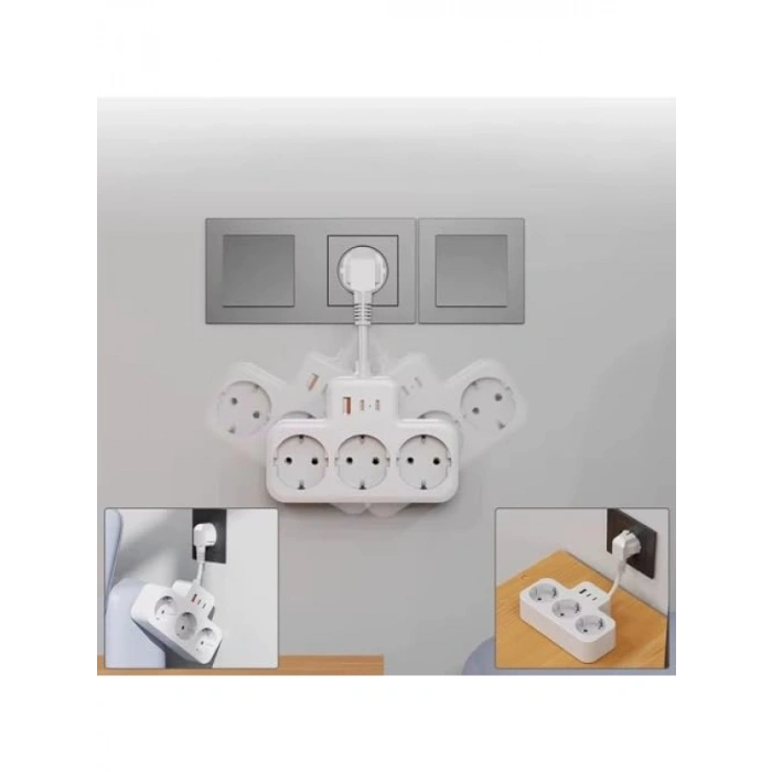 3 Soketli Yüksek Voltaj Korumalı Priz, 2 Type-C ve 1 USB Girişi