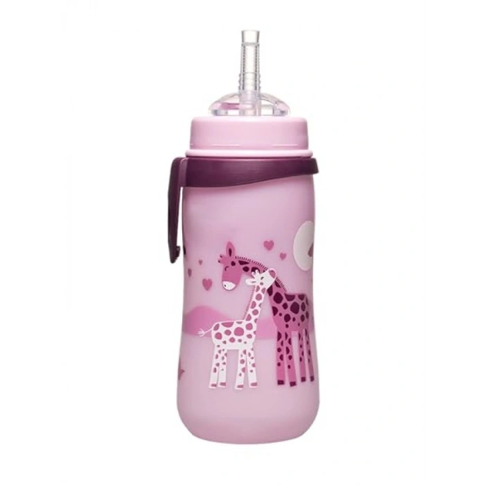 330 ml Kapasiteli Pipetli Kız Zürafa Desenli Bardak