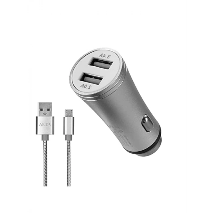 3.4A Hızlı Şarj Micro USB Kablolu Araç Şarj Cihazı - Metal, Gümüş