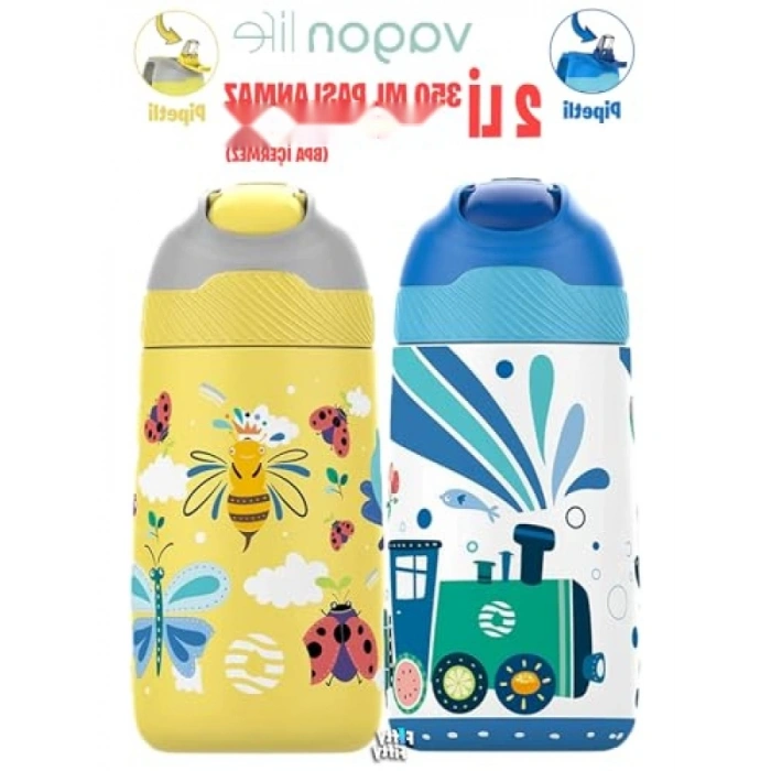 350 ML Çocuklar için Pipetli Paslanmaz Çelik Matara Seti (2li)