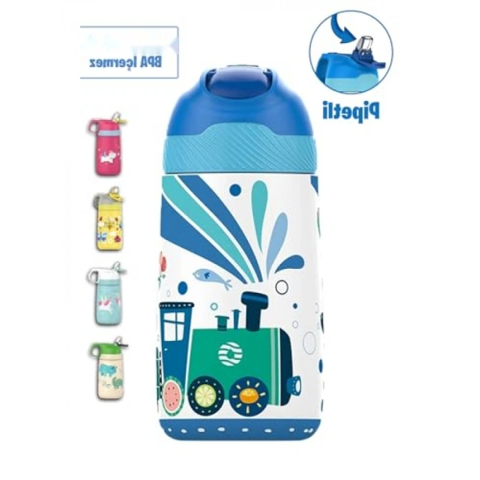 350 ML Çocuklar için Pipetli Paslanmaz Çelik Matara Seti (2li)