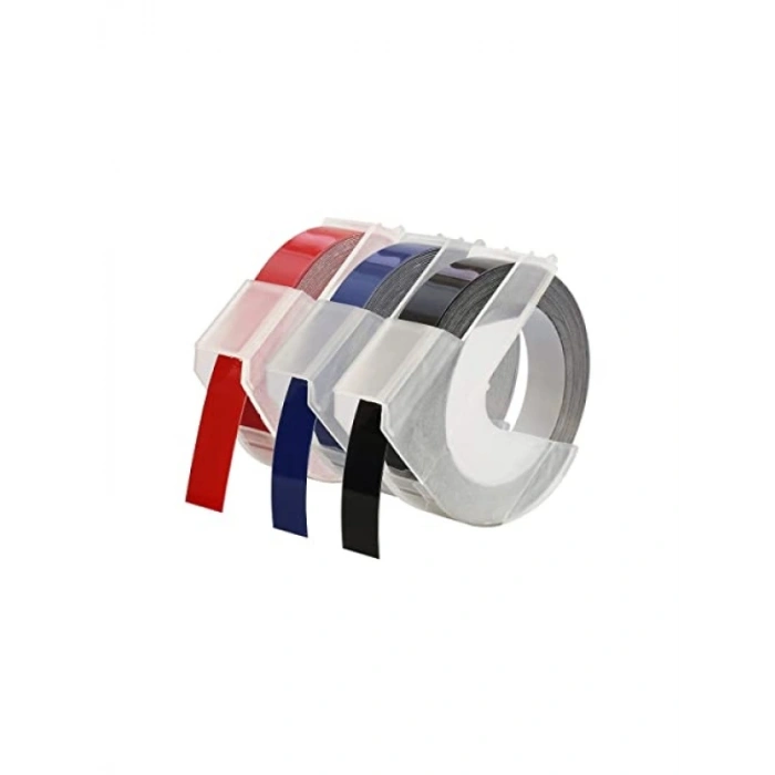 3D Plastik Kabartma Şerit, 9 mm x 3 mt, 3 Renk - Siyah/Kırmızı/Mavi
