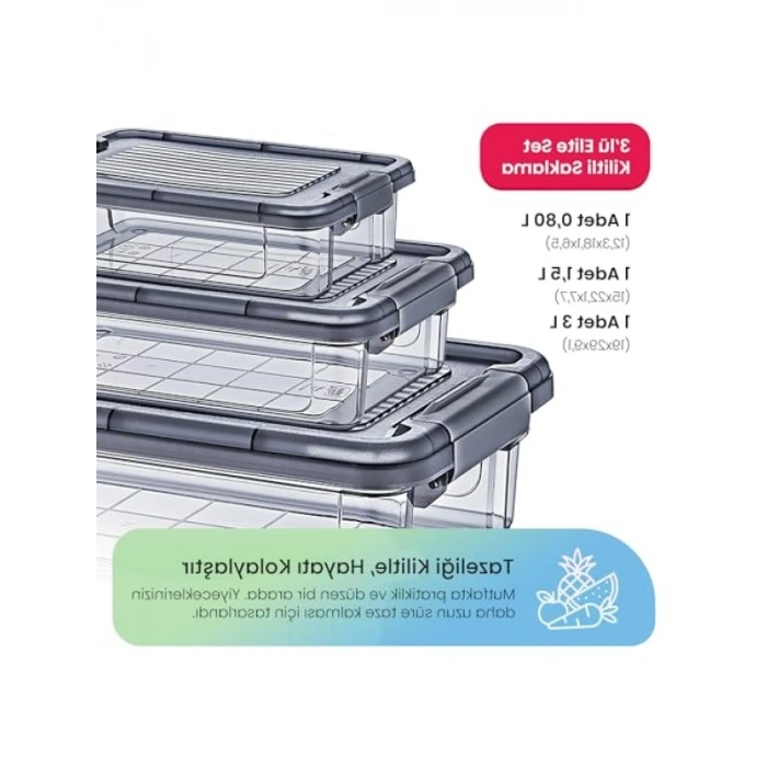 3’lü Kilitli Saklama Seti (3L, 1.5L, 0.85L) – Şeffaf Gıda Kabı
