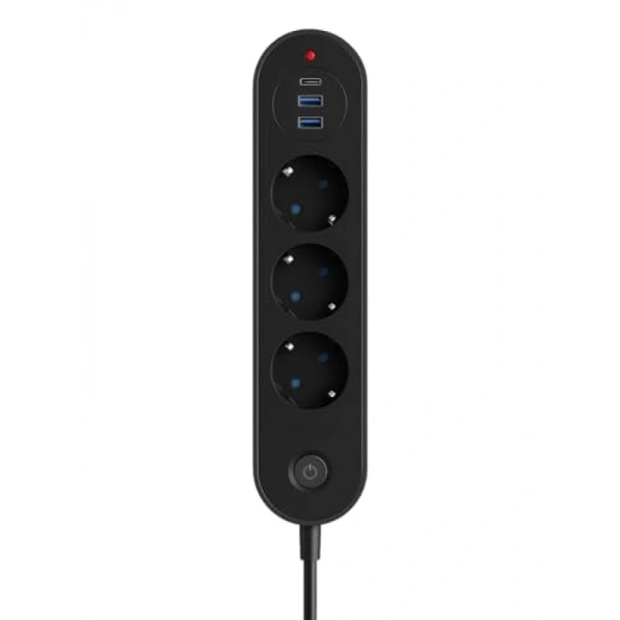 3’lü Priz | 2 USB-A + 1 USB-C | Termal Akım Korumalı, 2500W Güç, Aç/Kapa Anahtarlı