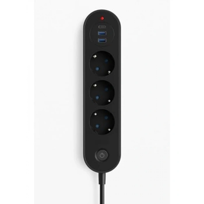 3’lü Priz | 2 USB-A + 1 USB-C | Termal Akım Korumalı, 2500W Güç, Aç/Kapa Anahtarlı