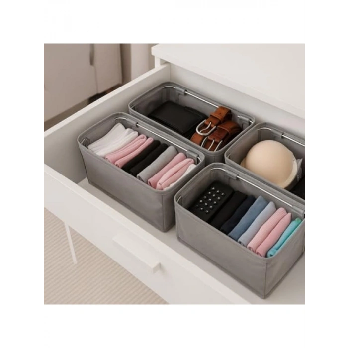4 Adet Katlanabilir Çekmece Organizer Seti - 30x15x12.5 cm, Kumaş Dolap Düzenleyici