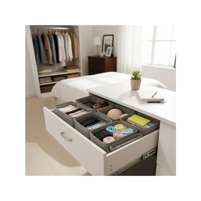 4 Adet Katlanabilir Çekmece Organizer Seti - 30x15x12.5 cm, Kumaş Dolap Düzenleyici