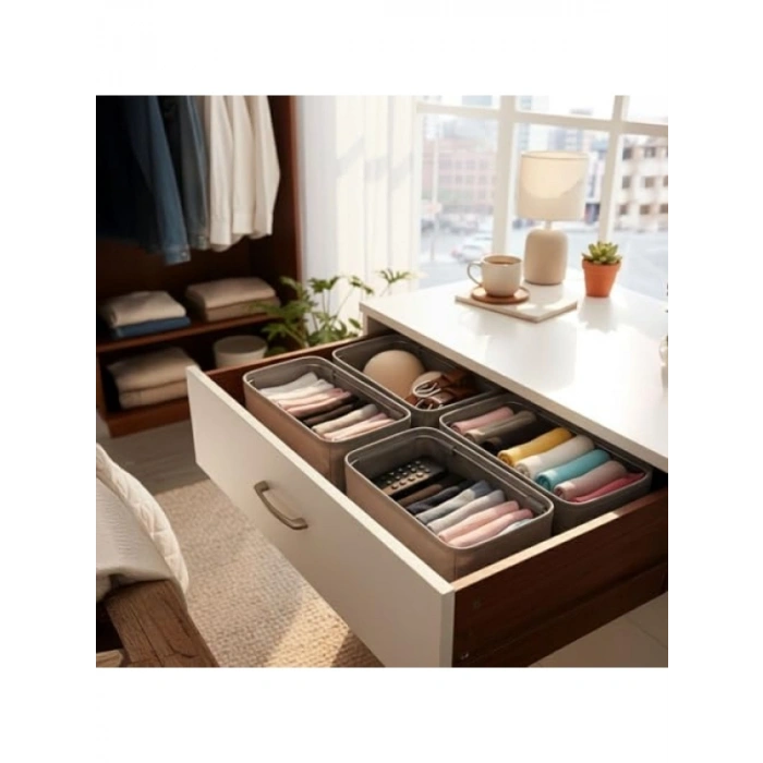 4 Adet Katlanabilir Çekmece Organizer Seti - 30x15x12.5 cm, Kumaş Dolap Düzenleyici