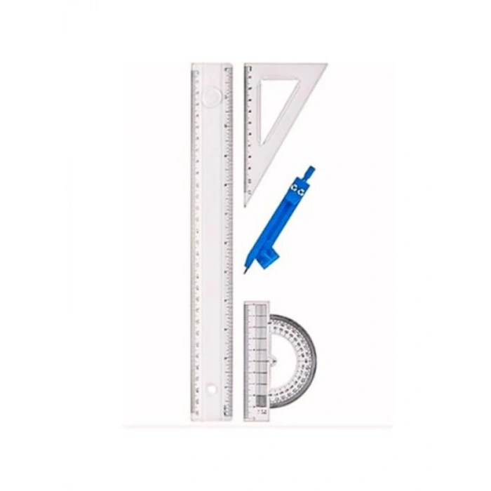 4 Parça Çizim Seti - 30 cm Cetvel, Pergel, Gönye ve İletki