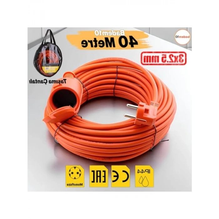 40 Metre Uzatma Kablosu, 3x2.5 mm, Kapaklı Monofaze Topraklı