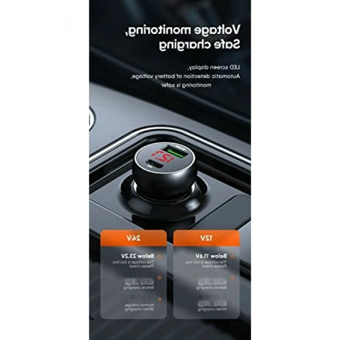 45W Araç Çakmak Şarjı, 1x Type-C ve 1x USB Girişi