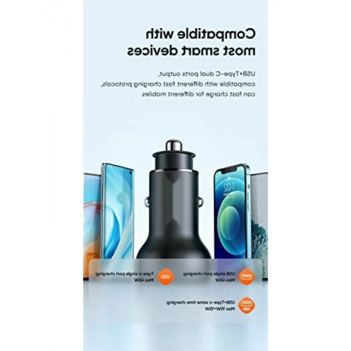 45W Araç Çakmak Şarjı, 1x Type-C ve 1x USB Girişi