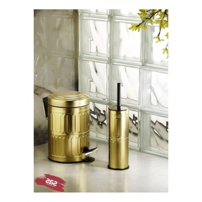 5 Litre Kapasiteli Pedallı Çöp Kovası ve Tuvalet Fırçası Seti - Gold Vintage