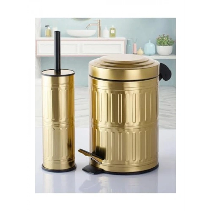 5 Litre Kapasiteli Pedallı Çöp Kovası ve Tuvalet Fırçası Seti - Gold Vintage