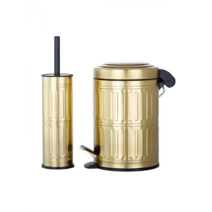 5 Litre Kapasiteli Pedallı Çöp Kovası ve Tuvalet Fırçası Seti - Gold Vintage