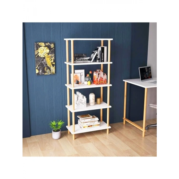 5 Raflı Ahşap Ayaklı Kitaplık - Beyaz