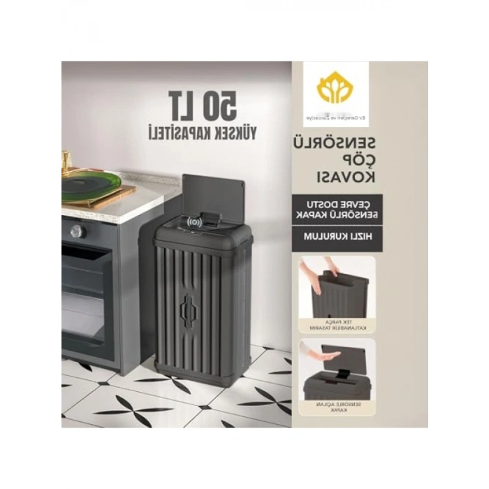 50 Lt Kapasiteli Sensörlü Çöp Kovası, Portatif Katlanabilir, Hijyenik Otomatik Kullanım