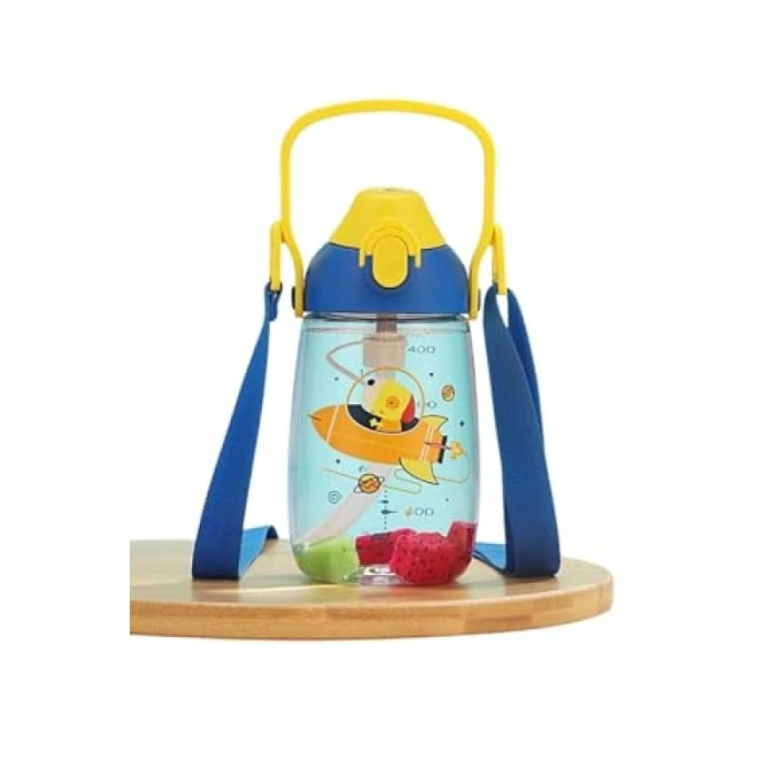 500ml Kapasiteli Askılı Kulplu Pipetli Tritan Su Matarası (Mavi-Sarı)