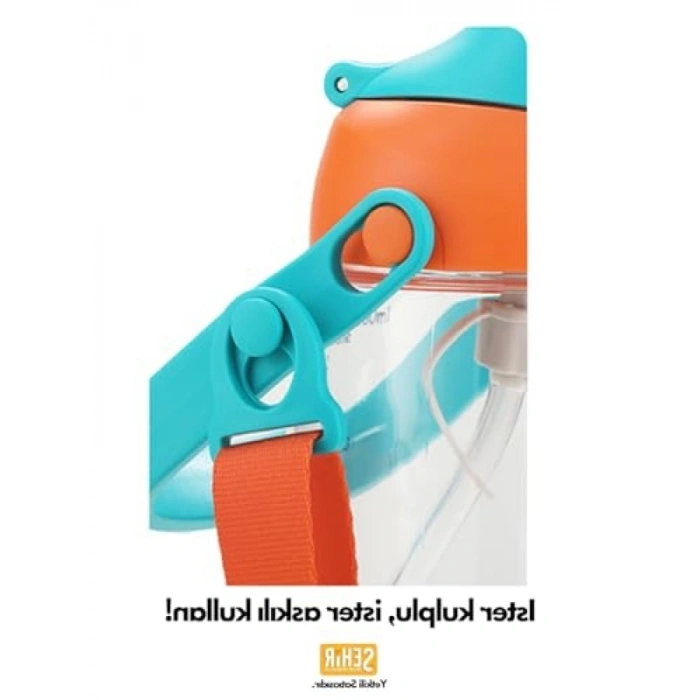 500ml Kapasiteli Askılı Kulplu Pipetli Tritan Su Matarası (Mavi-Sarı)