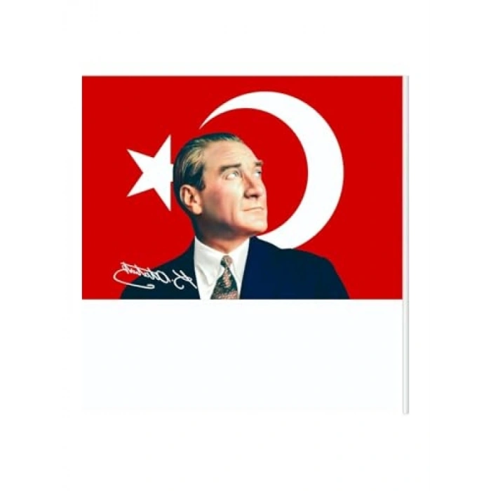 50x75 cm Atatürk İmzalı Raşel Kumaş Sopalı Türk Bayrağı