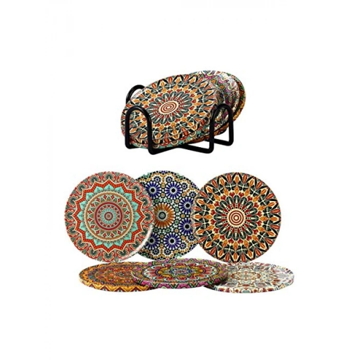 6lı Çini Desenli Metal Bardak Altlığı ve Standı