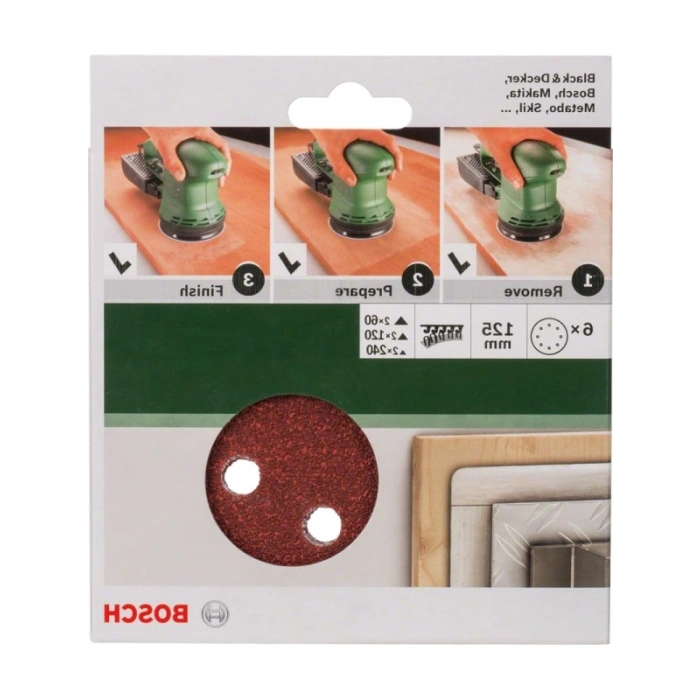 6lı Eksantirik Zımpara Kağıdı Seti, 125 mm, 60/120/240 Kum, 8 Delik
