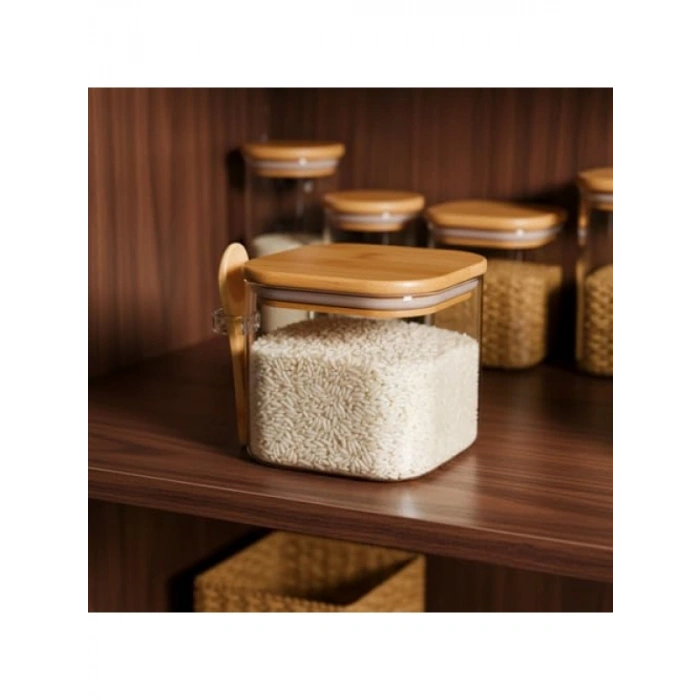 600 ml Bambu Kapaklı Cam Kavanoz - Kaşıklı Tasarım, Vakumlu Kapak