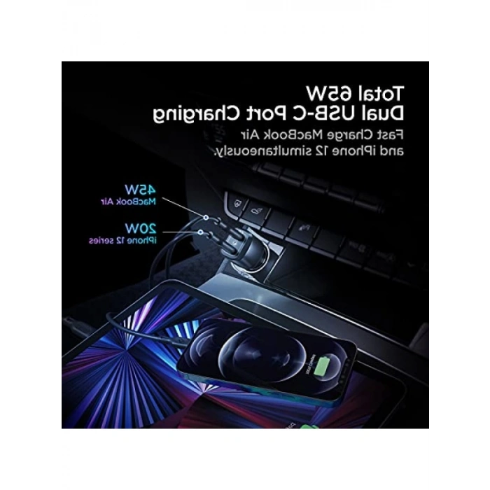65W USB-C Araç İçi Hızlı Şarj Aleti, 2 Port, PPS Desteği