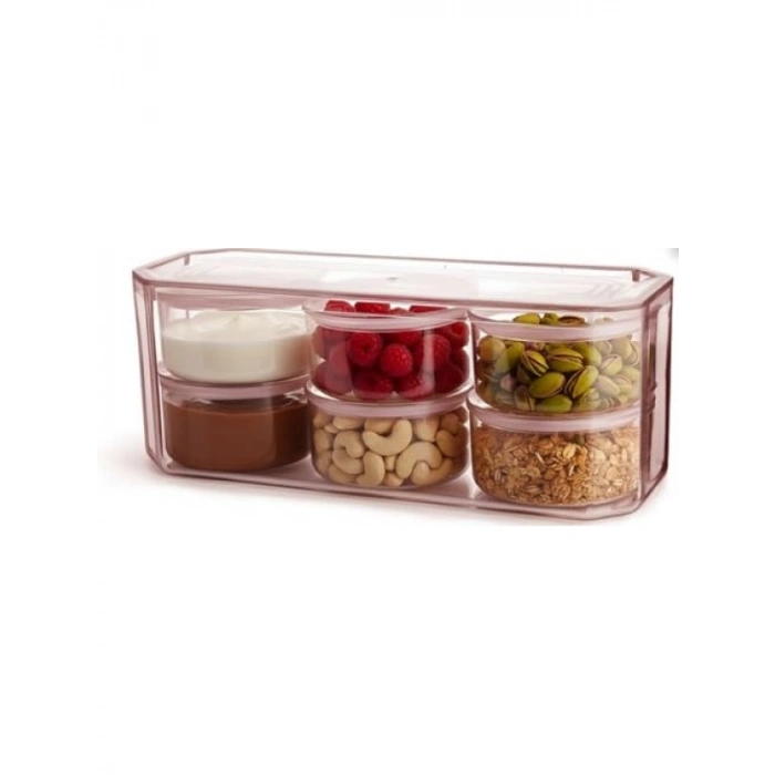 7 Parça Pembe Kristal Plastik Kahvaltılık Set - Vakum Kapaklı Saklama Kabı
