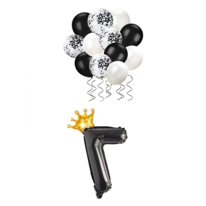7 Rakam Siyah Folyo Balon ve Kral Tacı ile Konfetili Balon Seti