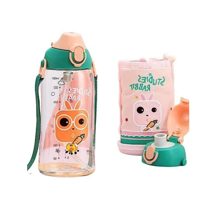 700ml Kılıflı Çocuk Matarası - İki Kapaklı, Pipetli ve Pipetsiz