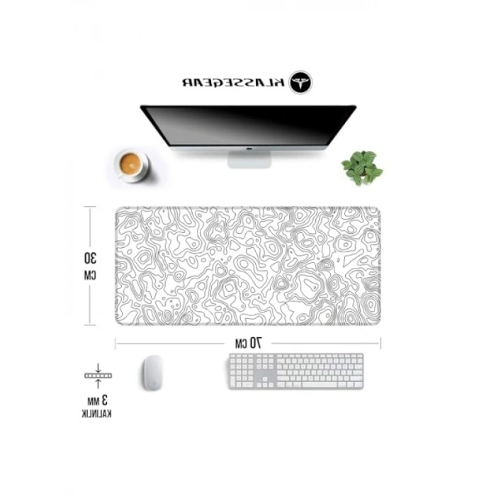 70x30 cm Dikişli Kenar Gaming Mouse Pad, Beyaz Harita Çizgileri