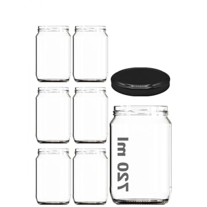 720 ml Şeffaf Cam Kavanoz, Metal Siyah Kapaklı, 6 Adet