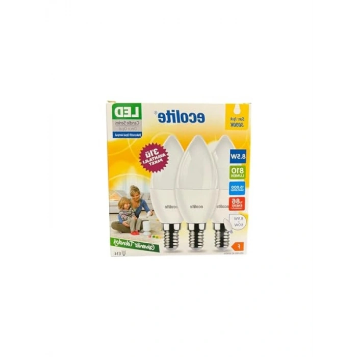 8.5W LED Mum Ampul - E14 Duy, 810 Lümen, 3000K Sarı Işık, 3lü Paket