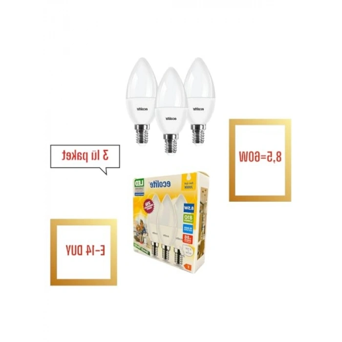8.5W LED Mum Ampul - E14 Duy, 810 Lümen, 3000K Sarı Işık, 3lü Paket