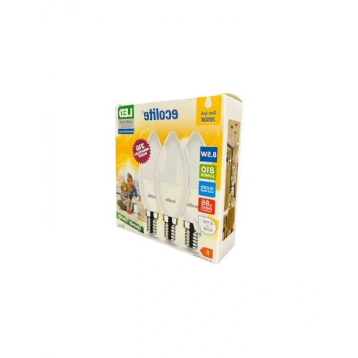 8.5W LED Mum Ampul - E14 Duy, 810 Lümen, 3000K Sarı Işık, 3lü Paket