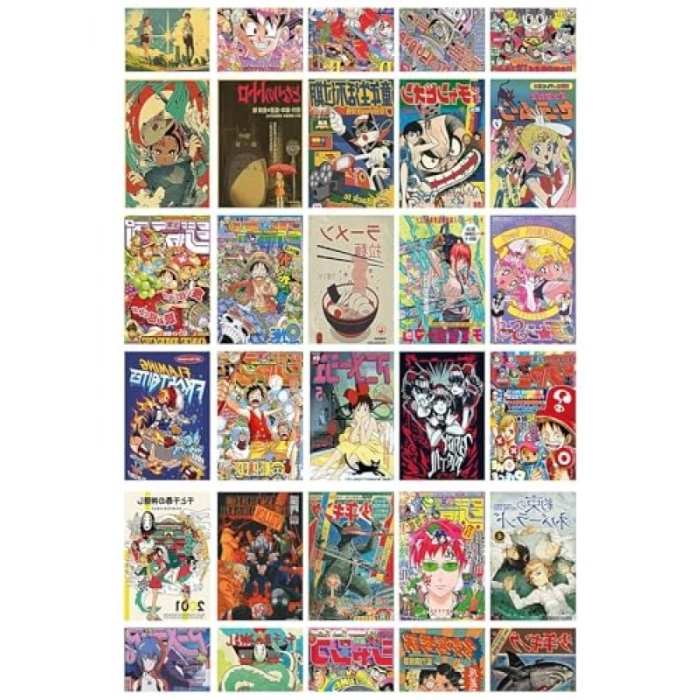 90 Adet Vintage Anime Temalı Duvar Poster Seti, Özel Tasarım Kutulu