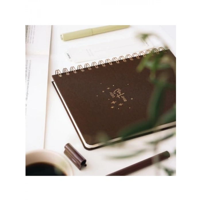 A5 Spiralli Sert Kapak Keten Kareli Defter, Kahverengi