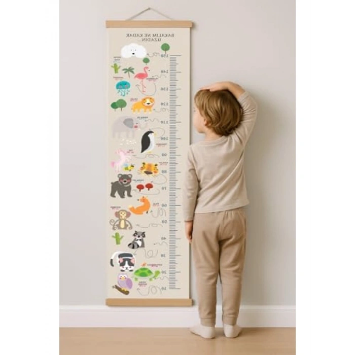 Ahşap Çıtalı Hayvanlı Kanvas Boy Ölçer Cetvel (10-150 cm)