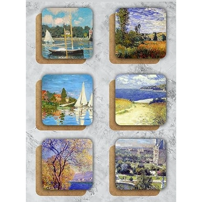 Ahşap Claude Monet Temalı Bardak Altlığı 6lı Set (9 x 9 cm)