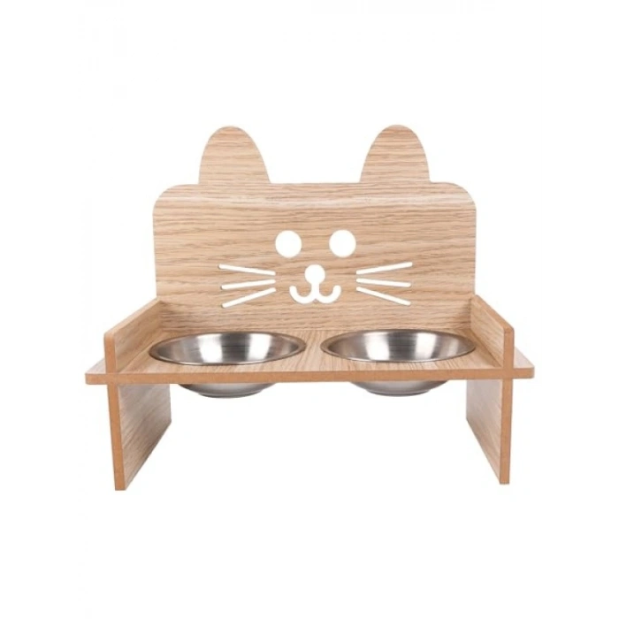 Ahşap Kedi Mama ve Su Kabı ile Paspası - Çift Metal Hazneli