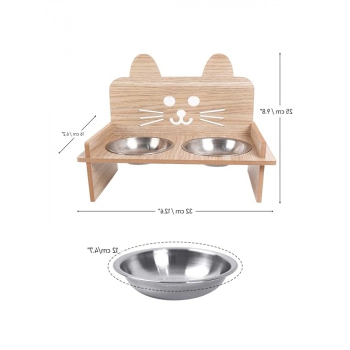 Ahşap Kedi Mama ve Su Kabı ile Paspası - Çift Metal Hazneli