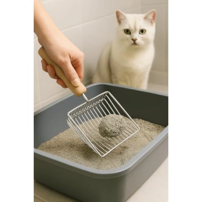 Ahşap Saplı Metal Kedi Kumu Küreği - Dayanıklı ve Ergonomik Tasarım
