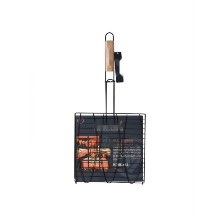 Ahşap Saplı Paslanmaz Çelik Barbekü Balık Izgarası 28x28 cm