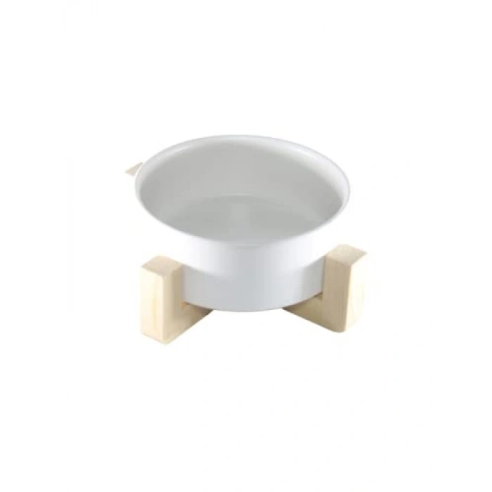 Ahşap Stand ve Seramik Kase ile Minimalist Kedi Mama/Su Kabı Tekli (Beyaz)
