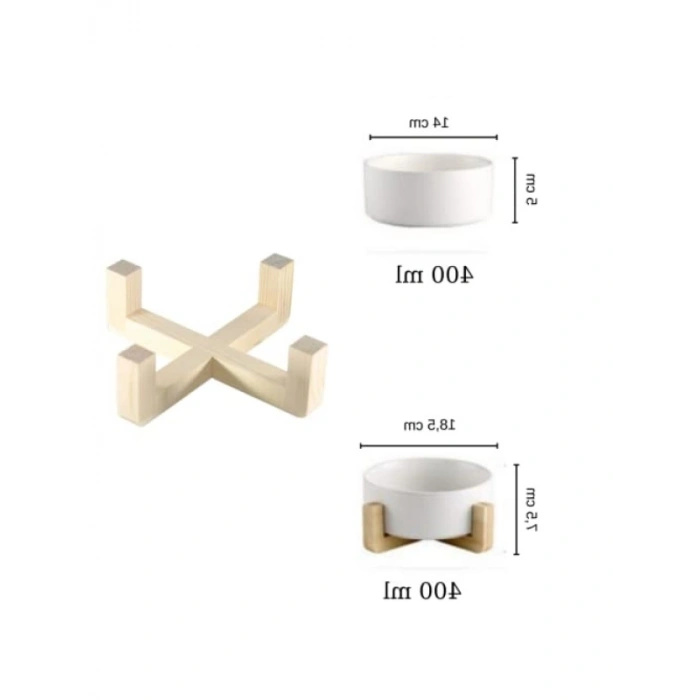 Ahşap Stand ve Seramik Kase ile Minimalist Kedi Mama/Su Kabı Tekli (Beyaz)