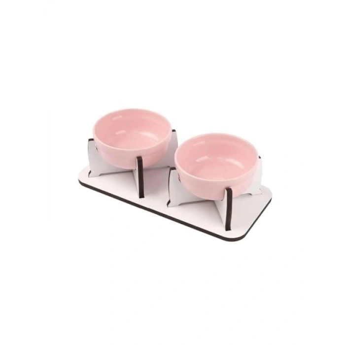 Ahşap Tabanlı Kaymaz Mama ve Su Kabı Seti (2li, Pembe Seramik)