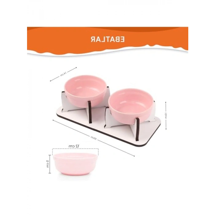 Ahşap Tabanlı Kaymaz Mama ve Su Kabı Seti (2li, Pembe Seramik)