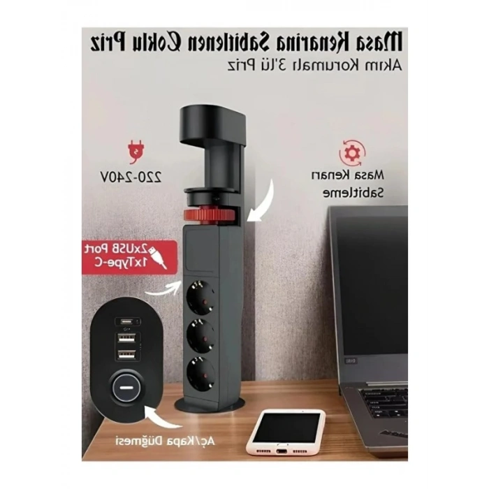 Akım Korumalı Masa Kenarı Priz, USB Girişli, 3’lü